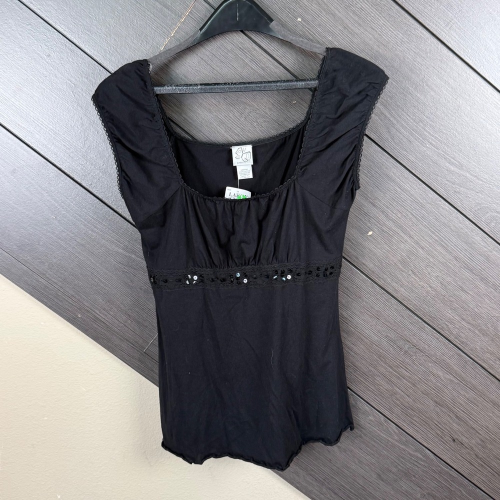 Fashion Bug Juniors Women L Black Babydoll Sequin Crochet Y2K Top NWT Deadstock